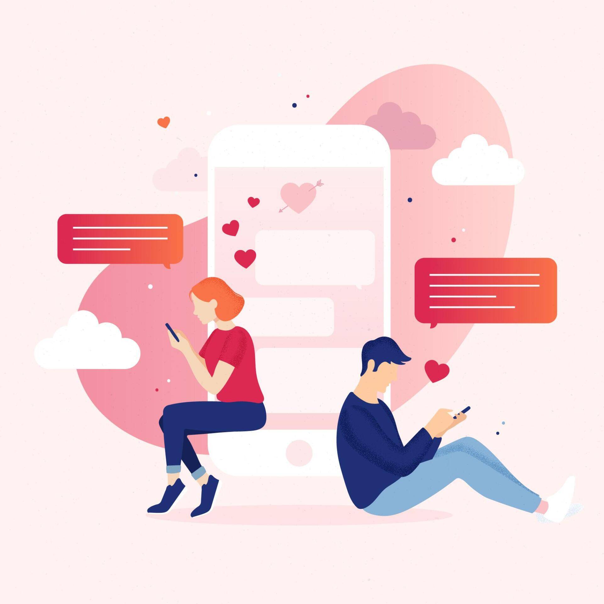 Illustration, die einen Erotik Chat-Software symbolisiert. 2 Menschen chatten ein Telefon mit Herzen im Hintergrund.